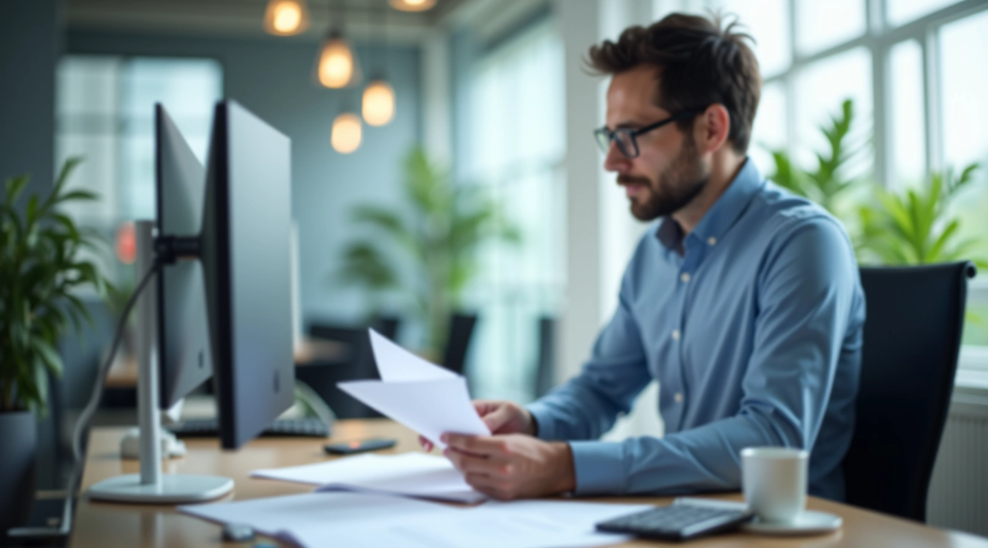 Person analyzing financial documents on computer screen with spreadsheet data visible